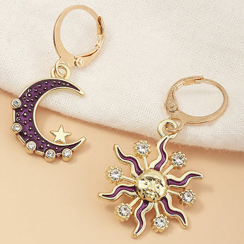 Gold Tone & Purple Star & Half Moon Earrings E100