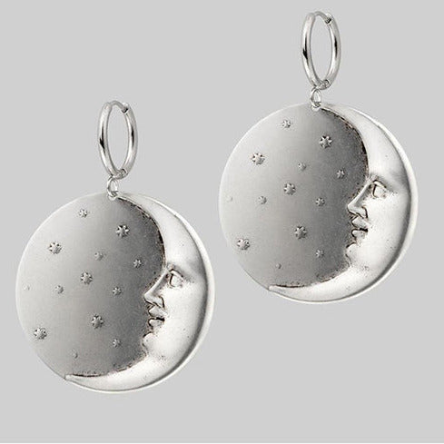 Silver Tone Round Man In The Moon Earrings E106