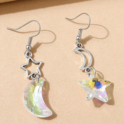 Silver Tone Star & Moon Crystal Drop Earrings E131