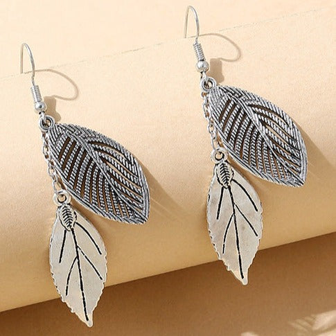 Silver Tone Double Leaf Drop Earrings E198